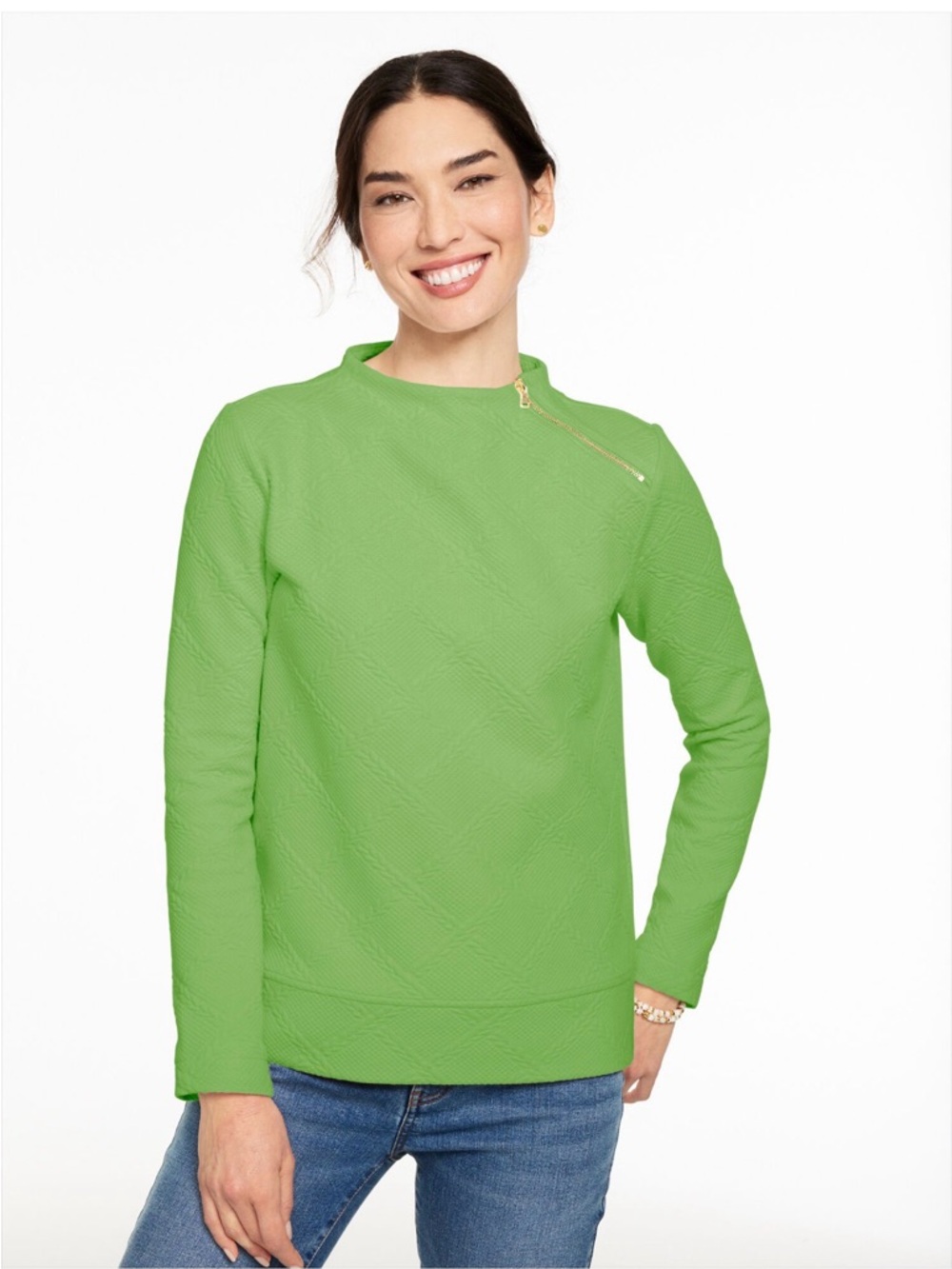Talbots Cable Knit Funnel Neck Zip Pullover in a fern green color Size XL - Picture 2 of 7